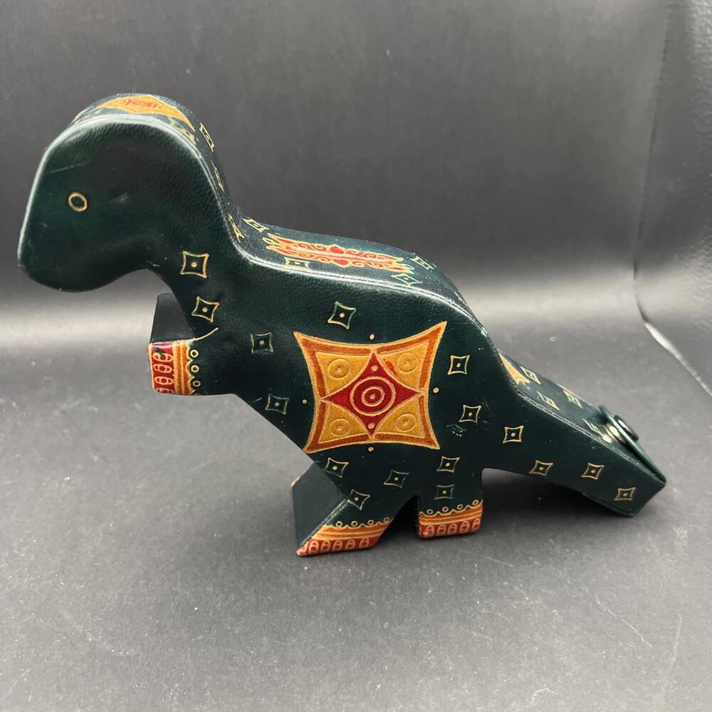Vintage Genuine Leather Dinosaur Shaped Coin Bank/Piggy Bank 6.25”